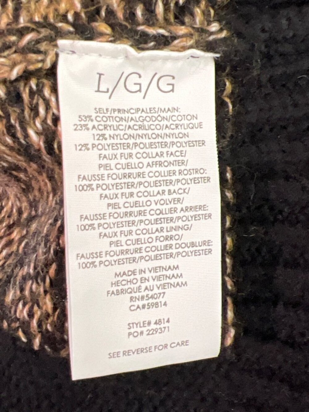 CABI Hot Toddy Cardigan Black and Tan Faux Fur Removable Collar Sz L #4814 NWOT - Picture 6 of 6